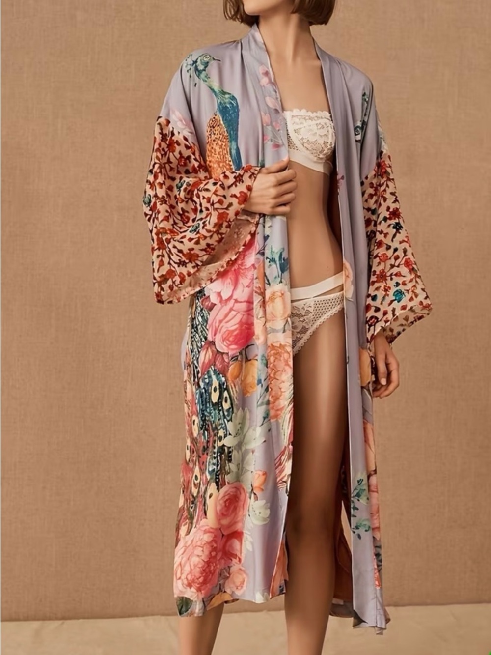Floral Peacock Print Lavender Wrap Dress - Picture 2 of 10